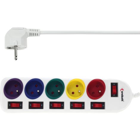 Cable alargador, regleta con interruptores, 3 m, 5 enchufes, blanco (1/2)