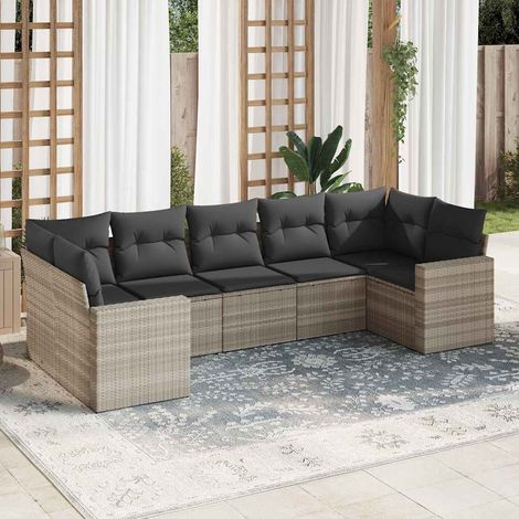 Ensemble Canapé Salon Jardin 7 Places Résine Tressée Gris Clair avec Coussins Lavables [Modulable] (1/3)