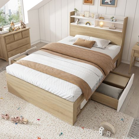 Bett 90x200 cm Holz Weiß/Eiche mit Kopfteil-Regal, Schubladen und Matratze (1/5)
