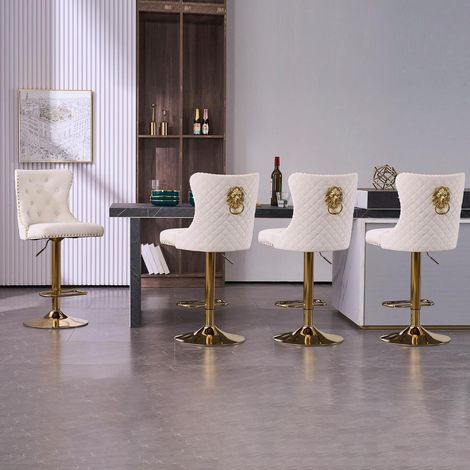 Samt Barhocker 4er Set höhenverstellbar mit Lehne und Löwenring, gold-weiß (1/5)