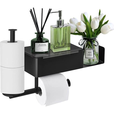 Portarrollos de papel higiénico, no requiere taladrar, porta rollos de papel higiénico de pared con estante y bandeja para toallitas, portarrollos con 2 portarrollos para baño y cocina (1/5)