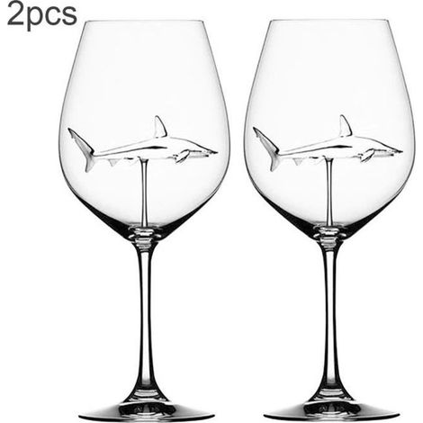 Verre à vin - ROKOO - Avec requin à l'intérieur - Lot de 2 - Cristal sans plomb 300 ml - 21 x 7,5 cm (1/4)