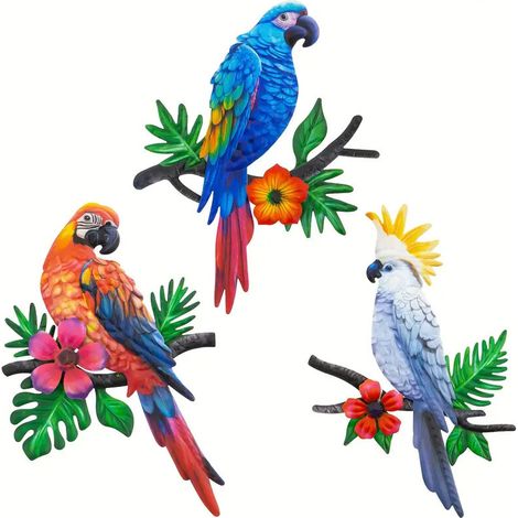 Ensemble de 3 décorations murales en métal en forme de perroquet de 30 cm, pour clôture de jardin, jardin, maison et cuisine. (1/5)