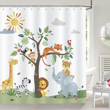 Rideau de douche pour enfants, girafe, éléphant, lion, safari, décoration de salle de bain, 180 x 180 cm, rideau de bain imperméable en polyester avec 12 crochets (1/5)
