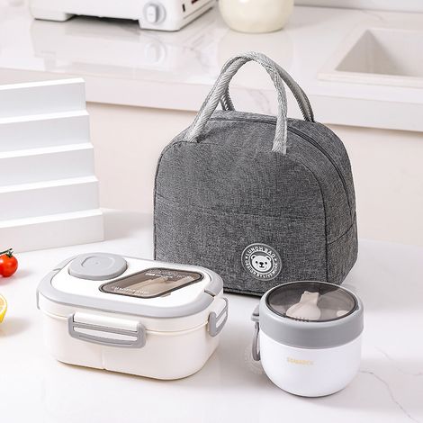 Boîte à lunch - 1200 ml + 1 bol à soupe - Sac isotherme - Élégante - Pratique - Blanche (1/4)