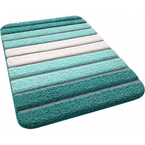Tapis de bain antidérapant et absorbant, turquoise et blanc, 40 x 60 cm, microfibre, lavable en machine 50 x 80 cm (1/5)