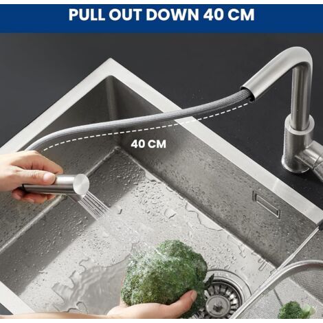 Robinet de cuisine avec douchette extractible et deux modes de jet mitigeur de cuisine avec douchette extractible rotative à 360° options eau chaude et eau froide robinet d’évier en acier inoxydabl (1/3)