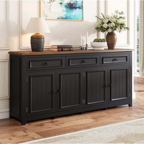 Buffet en MDF noir avec plateau effet bois, 160x35x76 cm, 3 tiroirs, 4 portes, tablettes réglables (1/5)