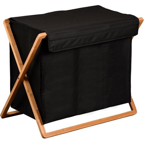 Panier à linge à 3 compartiments en bambou et tissu - Noir/Beige - L 69 x H 56,5 cm - Livraison gratuite (1/4)