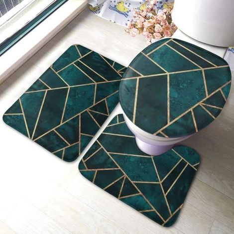 Tapis de salle de bain antidérapants + housse d'abattant WC - motif abstrait vert émeraude - Ensemble de 3 (1/4)