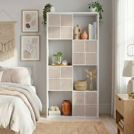 Skandinavisches Bücherregal mit 8 Fächern und 4 Türen – 60x30x125 cm – Modernes modulares Standregal für Wohnzimmer & Büro – Weiß