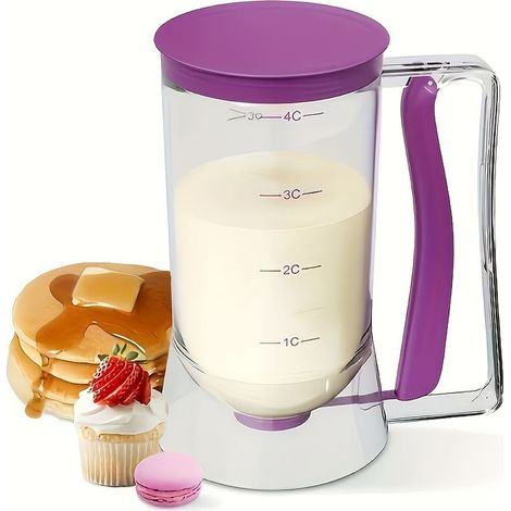 1 distributeur de pâte à cupcakes, 4 gobelets avec poignées pour crêpes, cupcakes, biscuits, glaces, cadeau de pendaison de crémaillère (violet) (1/5)