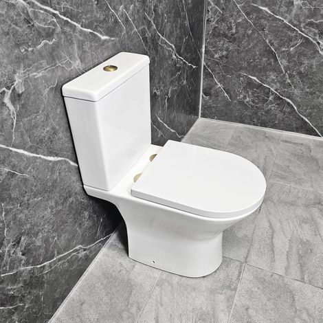 Melissa Toilet with Brushed Brass Flush Button & Hinges Rimless Soft Close Seat (1/5)