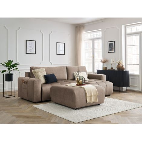 BOBOCHIC - Canapé d'angle réversible convertible coffre ARSENE tissu velours avec pouf Taupe (1/5)