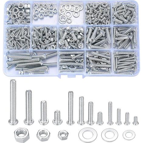 720 Stück M3 M4 M5 verzinkte Schrauben mit Muttern und Unterlegscheiben Sortiments Set, verschiedene Kreuz Flachkopf Maschinenschrauben Muttern und Schrauben Set (Silber 720) (1/5)