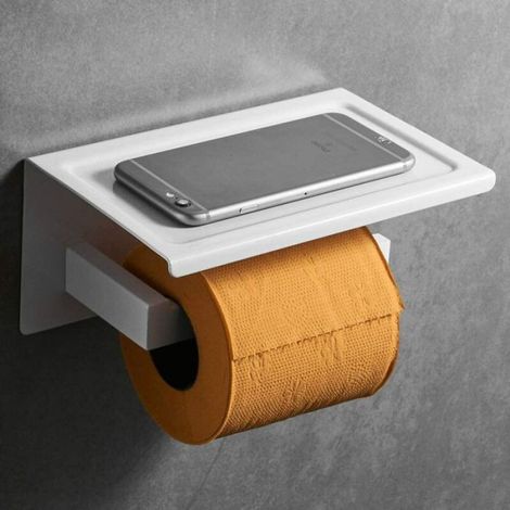 Support de porte de toilette contemporain en acier inoxydable 304 avec étagère finition blanche moderne pour salle de bain ou (1/4)