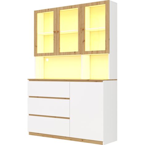 Vitrina alta con LED 120 x 200 cm en MDF blanco y roble (1/5)