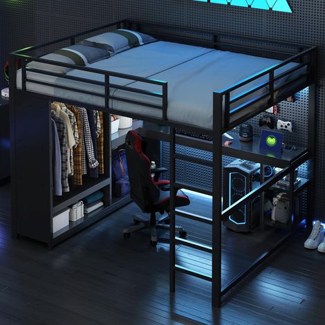 Lit mezzanine métal 160 x 200 cm noir avec led, bureau, dressing ouvert et étagères (1/5)