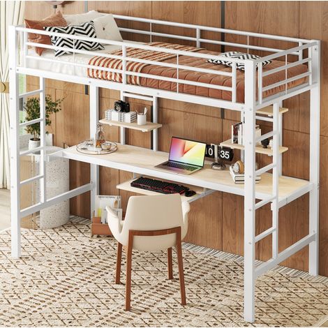 Hochbett, 90200 cm, Bettgestell Metallbett, Eisenbett, Hochbett mit Schreibtisch und zwei Bücherregalen für Kinder, Jugendliche und Erwachsene, Weiß (1/5)