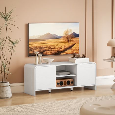 Mobile porta TV per televisori fino a 55 pollici, 2 ante, 2 scomparti, ripiano regolabile, 110x35x45 cm, bianco