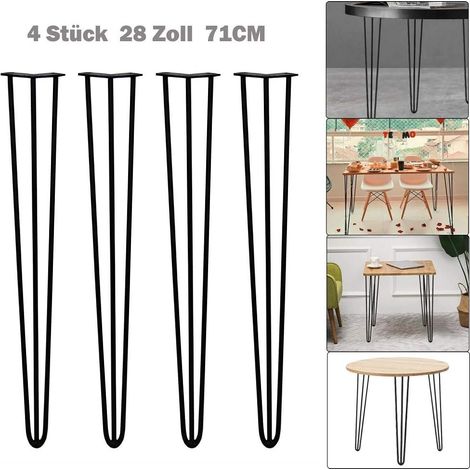 4x pince à cheveux jambe de table plate - forme en bois avec trois poteaux, y compris la protection gratuite du plancher pour la table basse, la table et la table, Noir (71 cm)