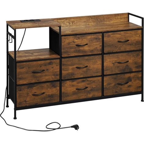 Kommode 8 Schubladen 132x88x30 cm – Multifunktionaler Aufbewahrungsschrank mit Ladestation und Haken für Wohnzimmer & Schlafzimmer