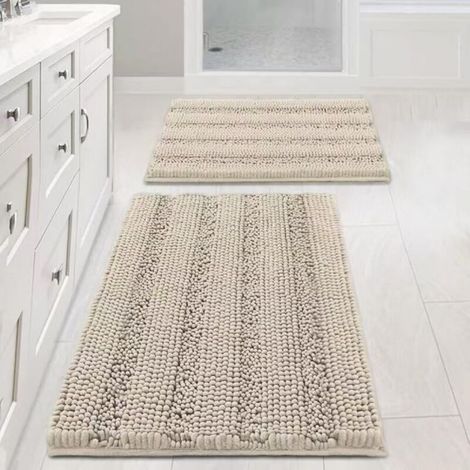 Tapis de bain blanc 43 x 61 cm + 51 x 81 cm, lot de 2, en chenille extra épaisse antidérapante. (1/5)
