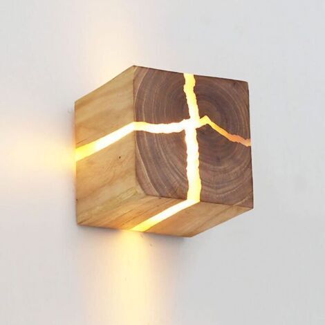 Applique murale carrée en bois, applique murale moderne en bois fissuré, applique murale câblée pour couloir, allée, luminaire créatif de décoration intérieure pour chalet, couloir, porche, es