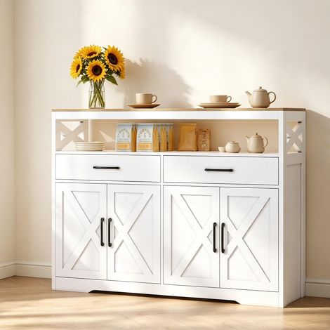 Buffet 4 portes - Buffet 140×40×105 cm – blanc bois – rangement 3 zones –style nordique – bois blanc (1/5)