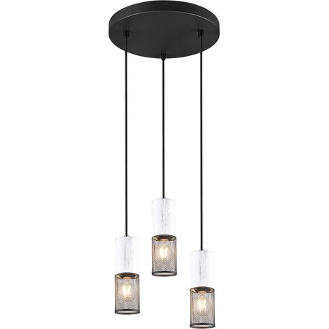 TOSH SOSPENSIONE 3 CILINDRI GABBIA METALLO NERO OPACO E LEGNO BIANCO ANTICO D. 28CM  ATTACCO E27 (1/5)