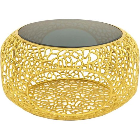 Couchtisch METRIX rund 74 cm goldfarben mit schwarzer gehärteter Glasplatte – Designer-Couchtisch mit integrierter Nische