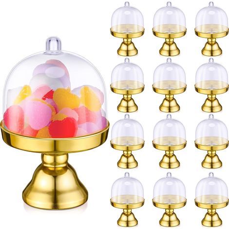 Lot de 24 mini présentoirs à gâteaux en plastique pour anniversaires, mariages et fêtes (doré, transparent) (1/5)