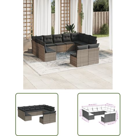 The Living Store 11-tlg. Garten-Sofagarnitur mit Kissen Grau Poly Rattan - Gartensofas - Outdoor Möbel - Gartenmöbelset - Lounge Set - Rattan Sofa (1/3)
