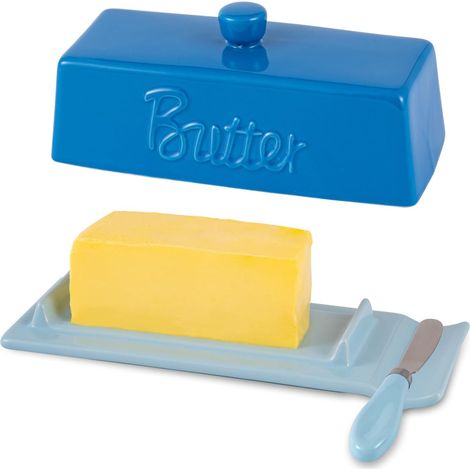 Beurrier Céramique avec Couteau - Design Allongé Moderne, Boîte à Beurre avec Couvercle pour Table et Réfrigérateur - pour Beurre en Bâtonnet ou Demi-Motte 250g - Bleu (1/5)