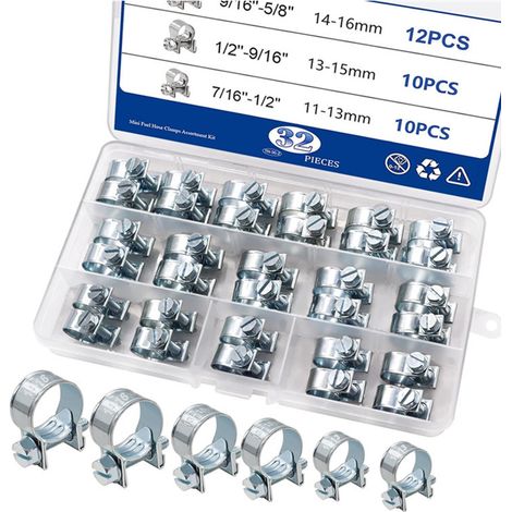 32Pcs 1/4" 5/16" 3/8" Kit d'assortiment de pinces de tuyaux d'injection de carburant, Tuyaux pinces manchon, pour tuyau d'essence diesel automobile