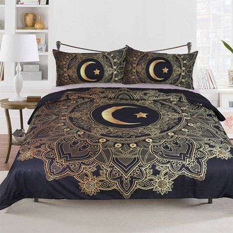 Ensemble de literie 3 pièces (housse de couette et taies d'oreiller imprimées en 3D, motif étoiles et lune, taille US Full)