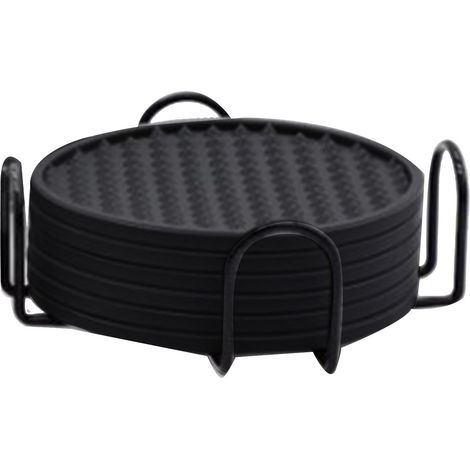 Lot de 6 dessous de verre en silicone noir, résistant à la chaleur, antidérapant, flexible, rond avec porte-gobelet pour cuisine et maison (1/5)