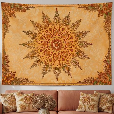 Tapisserie florale mandala bohème, tapisserie vintage de style indien bohème, décoration de chambre à fleurs vintage orange et jaune, petite tapisserie décorative pour chambre d'étudiant ou salon, 150 (1/5)