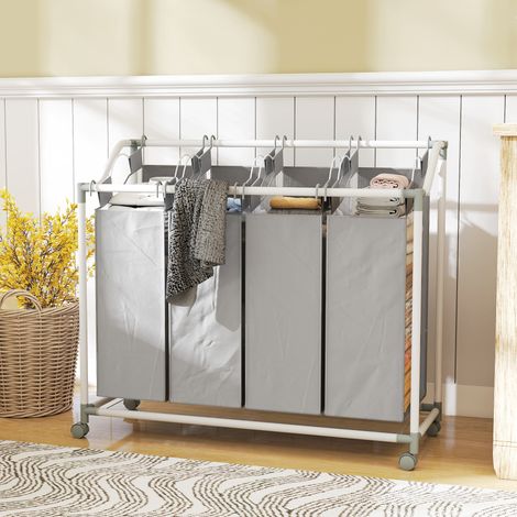 Panier à linge avec 4 compartiments 160 L Panier à linge avec roues - 97 x 38 x 81 cm - gris - sac à linge amovible