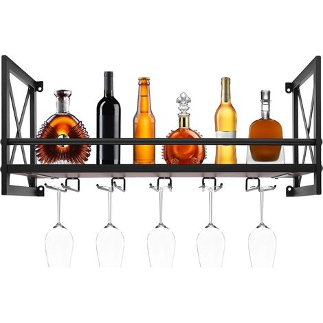 HAUTOUR Étagère À Vin Murale, Porte-Bouteilles Industriel, Support Verres Intégré, Capacité 10 Bouteilles, Acier Peinture Nano, Charge 20kg, Cuisine Bar Salle À Manger, Cadeau Vin, 61x20x26cm (1/5)