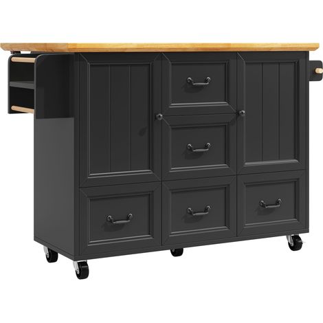 Modernluxe – Îlot central de cuisine mobile – Desserte extensible 140x73x93cm – 2 tiroirs et 3 portes – MDF noir avec roulettes – Buffet pratique (1/5)