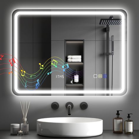 HOMCOM 600 x 800 mm Illuminated Bathroom Mirror with Bluetooth Clock Silver (1/5)