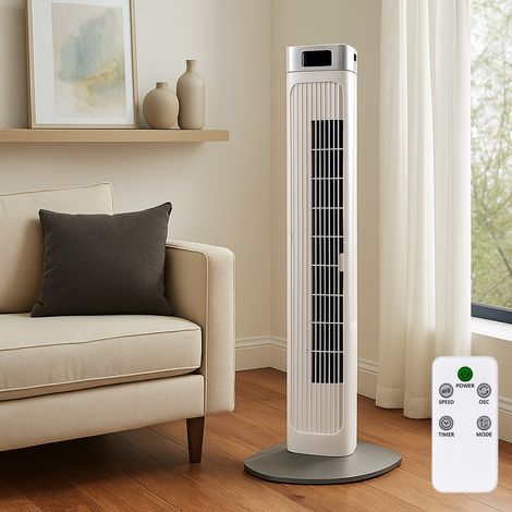 Ventilatore a torre bianco Ventilatore a piantana oscillante, telecomando Display LED modalità estate inverno, altezza 95,5 cm