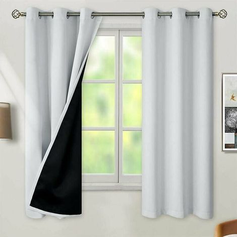 Rideaux occultants thermiques 100% pour chambre à coucher avec doublure noire, double couche, occultants et avec œillets antibruit (2 panneaux), 42 x 63 cm, blanc grisâtre. (1/4)