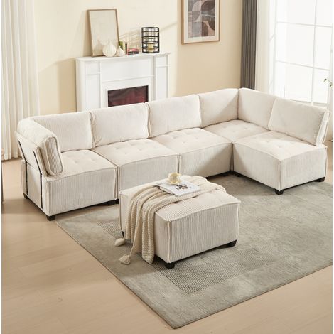 Sofá modular de 6 plazas de pana acanalada beige, convertible en U, L o cama DESVIAE (1/5)