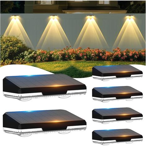 Lot de 6 appliques murales solaires d'extérieur avec lentille super lumineuse et 3 modes - Lampes solaires pour mur extérieur IP65 - Étanche - Pour jardin, clôture, terrasse, escaliers, mur