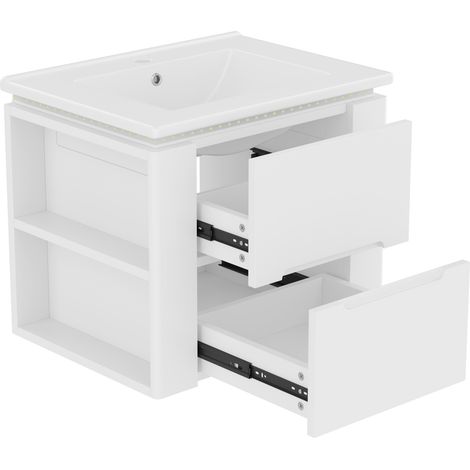 Hängendes Badmöbel 61x46x48,5 cm weiß mit Keramikwaschbecken, 2 Schubladen und Radar-LED (1/5)