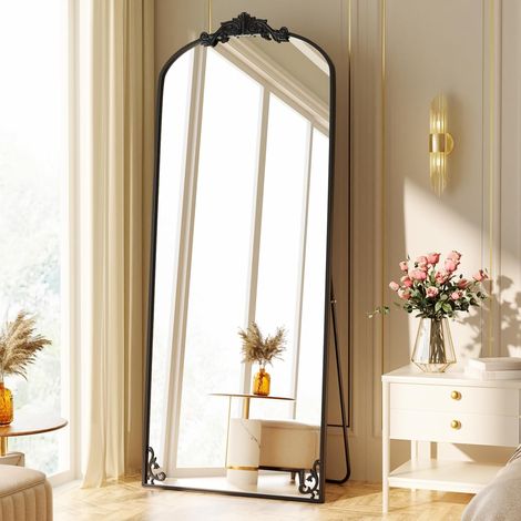 Miroir sur Pied bombé Vintage, 76 x 165 cm, Miroir sur Pied incassable, Pleine Longueur avec Beau processus de Gravure rétro, pour Chambre à Coucher, Couloir, Noir (1/5)