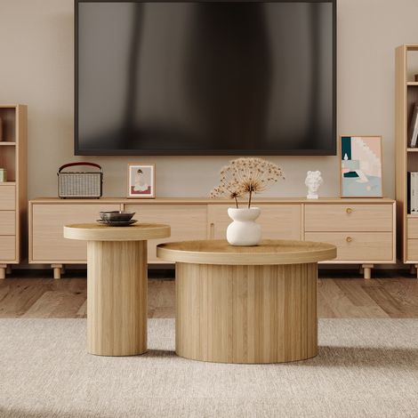 Table basse ronde double 66 cm en MDF couleur naturelle, lot de 2 HAVRYA (1/5)