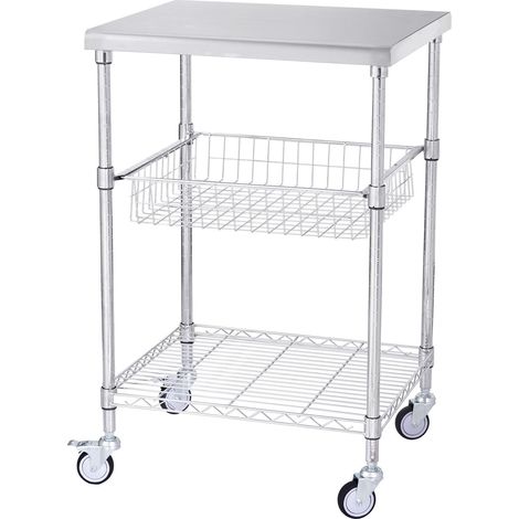 Chariot de Cuisine 3 Étagères, Rouleau Métallique 470LBS, Chariot de Service sur Roues, Trolley de Rangement avec Panier Courbé et 6 Crochets, Intérieur et Extérieur. (1/5)